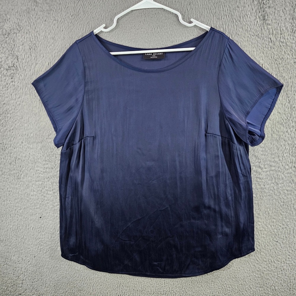Lane Bryant Womens Navy Blue Satin Mixed Media‎ Short Sleeve Blouse Top 14/16